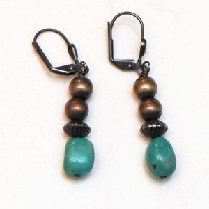 Turquoise brushed silver beaded earrings 1.25 inch